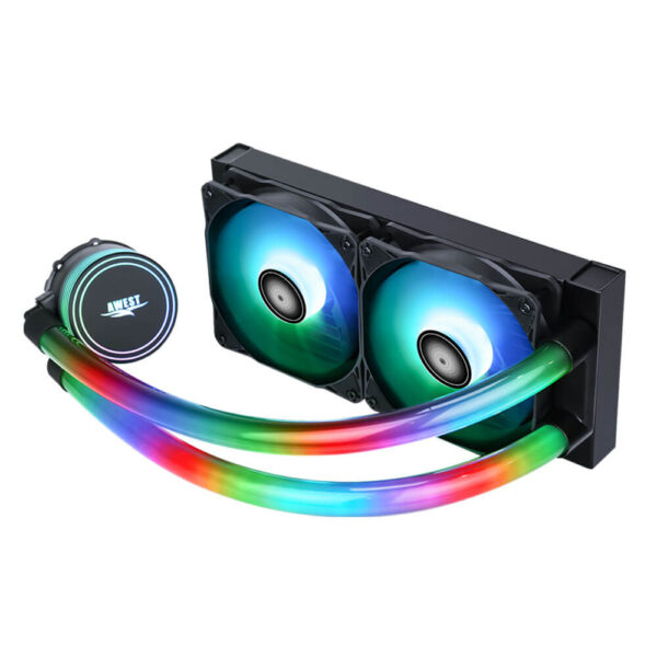AWEST GT-AV240 ARGB Liquid Cooler Featured Image 20240313 نمای از جلوی خنک کننده مایع پردازنده اوست AWEST GT-AV240 ARGB Black