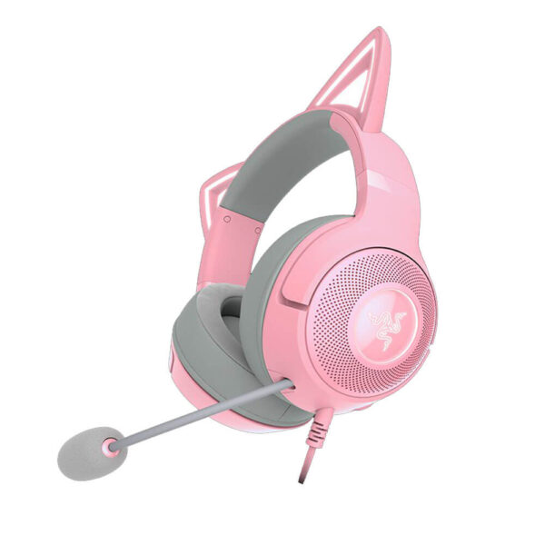 نمای از گوشی سمت چپ و میکروفون هدست گیمینگ ریزر Razer Kraken Kitty V2 Quartz