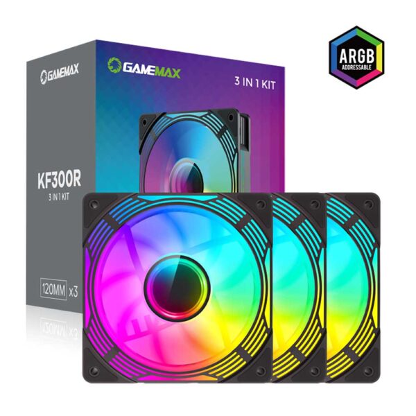 نمای جعبه با نور فن کیس گیم مکس GAMEMAX KF300R BK
