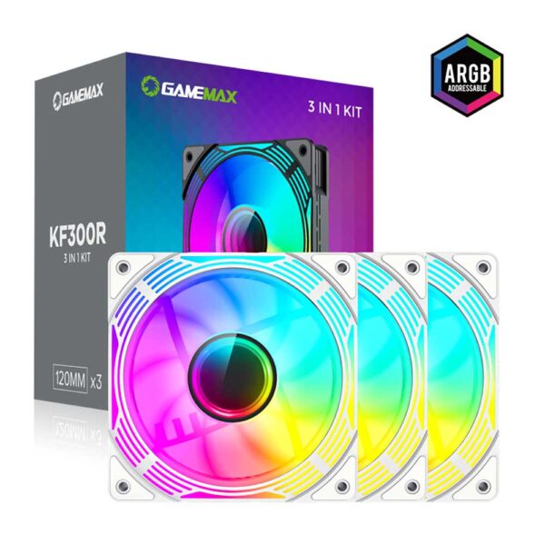 نمای جعبه با نور فن کیس گیم مکس GAMEMAX KF300R WH